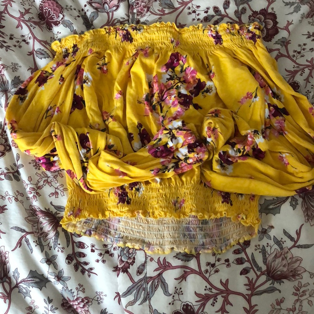 yellow long sleeve off the shoulder blouse